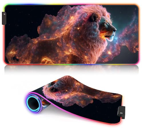 Tapis Souris Jeu RGB Grand XXL 14 Modes d'éclairage LED Tapis Souris étendu Clavier Tapis Souris Souples pour Ordinateur Portable PC Bureau Gaming Lion 15,7 x 35,4 Pouces