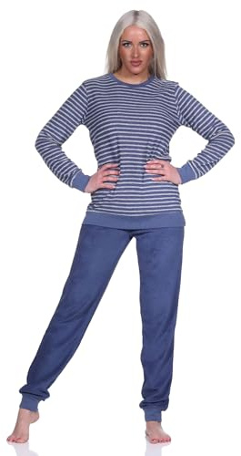 Normann Damen Frottee Pyjama Langarm Schlafanzug mit Bündchen in Streifenoptik, Farbe:Marine, Größe:36/38