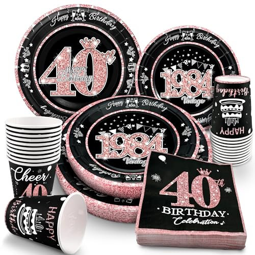 algpty 40th Birthday Decorations Rose Gold, Service for 30, Vintage 40th Birthday Party Supplies Includes Rose Gold 1984 Plates, Napkins,Cups 40th Birthday Plates and Napkins for Women