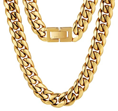 KRKC&CO Herren Panzerkette 14mm, 18K Gold plattiert Edelstahl Cuban Link Chain, Miami kubanische Gliederkette für Männer, Gold Kette Hip Hop Halskette für Jungen Größe 55,9cm