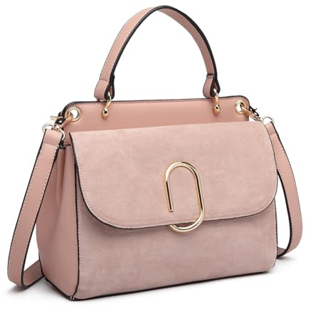 Miss Lulu Damen Tasche Henkeltasche Mittelgroß Umhängetasche Tasche mit Kunstleder und Wildleder Vintage Flap Handtasche Crossbody Bag mit ovaler Metallverzierung Elegant Exquisit