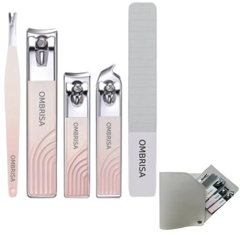 OMBRISA Nail Clippers Set 5 Pcs, Wide Jaw Toenail Clippers and Angled Head Fingernail Clippers, Premium Stainless Strong Nail Cleaner for Thick Nails Nail Cutter with Leather Case (Pink)