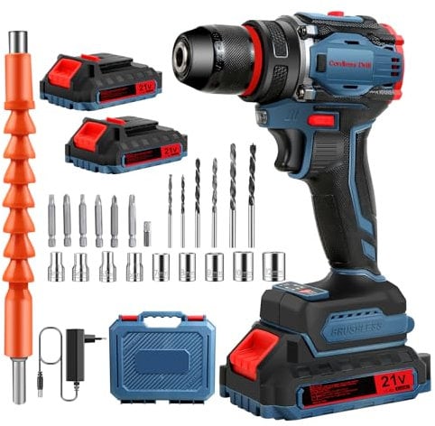 Brushless Trapano Avvitatore Batteria 21V, Trapano a Batteria, Trapano Avvitatore a Percussione, Trapano Percussione Batteria, 2 Batterie da 2.0Ah, 45N.m di Coppia (nero)