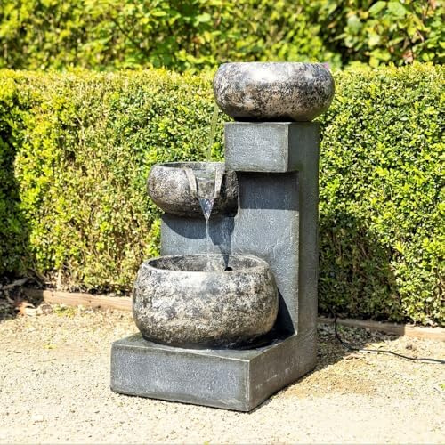 Primrose H66cm Tavira Cascading Tiered Bowls Water Feature with Lights Outdoor Garden Fountain