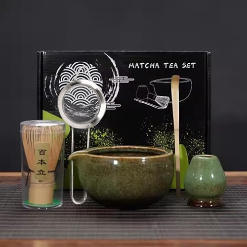 SAKURAMATCHA | Matcha Tee Set | 5er-Set aus Matcha Besen und Schaufel aus Bambus, Matcha Schale und Besenhalter aus Keramik und Sieb aus rostfreiem Edelstahl | Handwerklich angefertigt (Waldgrün)