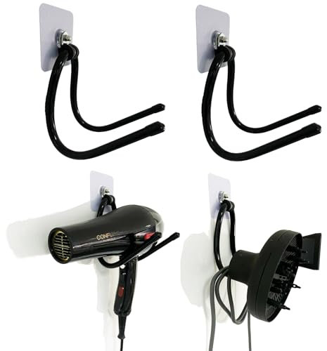 Universal Hair Dryer Holder, Blow Dryer Hanger Hook Wall Mount for Hair Dryer, Towels, Flat Iron,Hair Straightener &Cord Organizer for Cabinet Bathroom - Self Adhesive/Drilling - 2 Pack