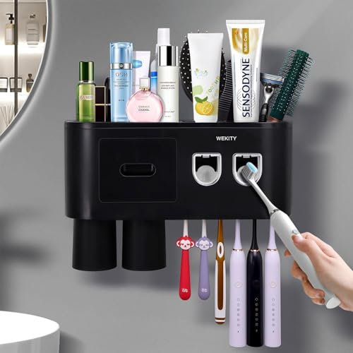Multifunktionaler Wand-Zahnbürstenhalter, Automatischer Zahnpasta-Spender Platzsparender Zahnbürsten- und Zahnpasta-Halter, mit 2 Bechern und Schubladen Kosmetik-Organizer (2 X Zahnpasta)