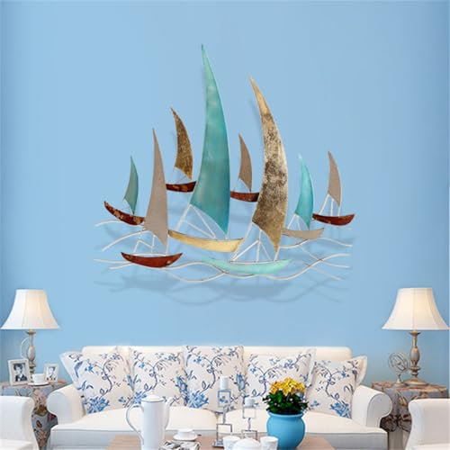 WSNCXFW Wanddekoration mit Segelboot aus Metall, 3D-Wandskulpturen mit nautischen Küstenschiffen, Wanddekoration aus Metall zum Aufhängen am Strand, Dekor mit Segelboot aus Metall