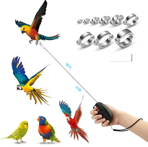 Realand 6 m automatisch einziehbare Vogelleine, Anti-Bissdraht, Vogelgeschirr-Leine mit 9 Größen Legierungs-Fußringen, verstellbares Seil für Papageien, Nymphensittiche, Sittiche,