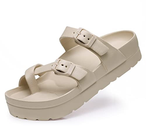 Beslip Women's Platform Sandals with Arch Support Comfortable Foam Slides Lightweight Thick Soles, Adjustable Buckle, Ultra Cushion,Beige Women Size 5.5