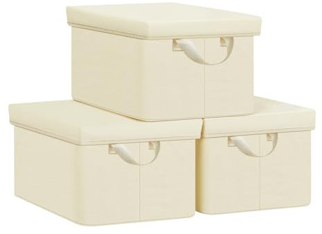 WOLTU Aufbewahrungsbox mit Deckel 3 Stück, aus Polyesterstoff, für Schlafzimmer, Arbeitszimmer, Wohnzimmer, Organizer Box mit Griffen, für Kleidung Spielzeug, faltbar, Creme, 38x20x27 cm