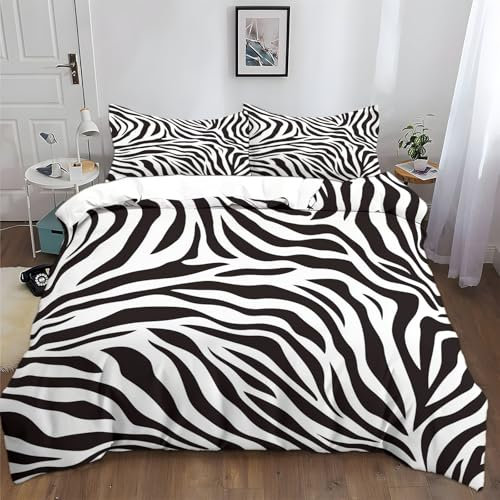 Bettwäsche 220x240cm Schwarze Zebra-Textur Polyester Baumwolle Bettbezug Set, Weich Bügelfrei Bettwäsche-Sets für Kinder Junge Mädchen Zimmer Dekoration, mit Kissenbezüge