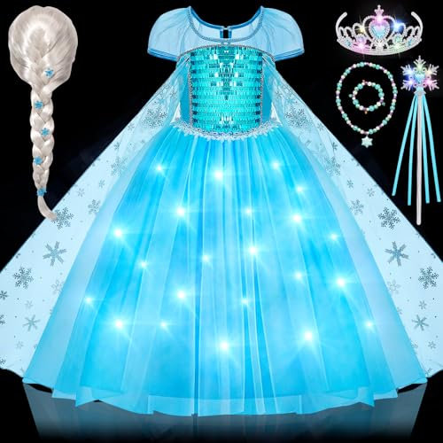 vamei LED Leuchtend Elsa Prinzessin Kleid Mädchen Eiskönigin Kostüm mit Elsa Zauberstab Krone Perücke Halskette Schmuck Faschingskostüme Weihnachten Geburtstag Halloween Kostüm Kinder (120)