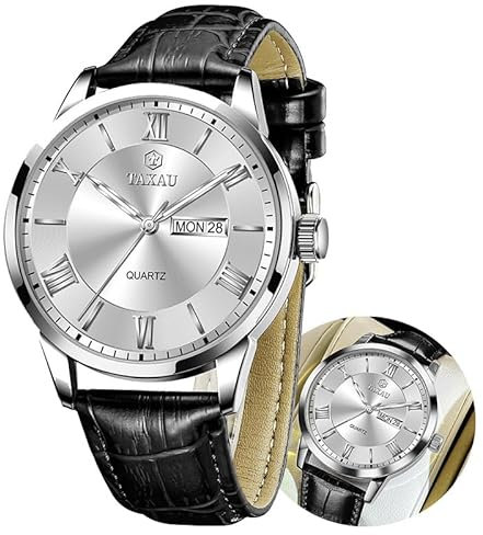 Taxau Gentleman Herrenuhr Business Freizeit Luxus Herren Armbanduhr Männer Uhr Mit Datums- Und Tagesanzeige Herren Uhr Schwarzes Armband Weißes Zifferblatt Watches for Men