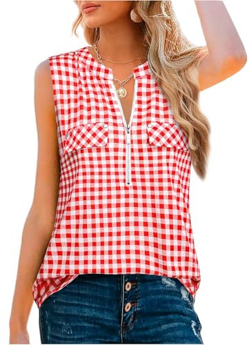 Amrto Damen Tops, Casual V-Ausschnitt Ärmellose Bluse Oberteil mit Reißverschluss, Loose Kariert Tank Tops Tunika Longbluse, Weiß Rot XXL