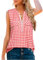 Amrto Damen Tops, Casual V-Ausschnitt Ärmellose Bluse Oberteil mit Reißverschluss, Loose Kariert Tank Tops Tunika Longbluse, Weiß Rot XXL