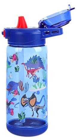 Queenshin Botella Agua Niños Con Pajita,Sin BPA,600ML Dinosaurio Azul Sin Fugas,Robusta y Duradera,Cerradura De Seguridad,Portátil Para La Escuela, Deportes, Viajes