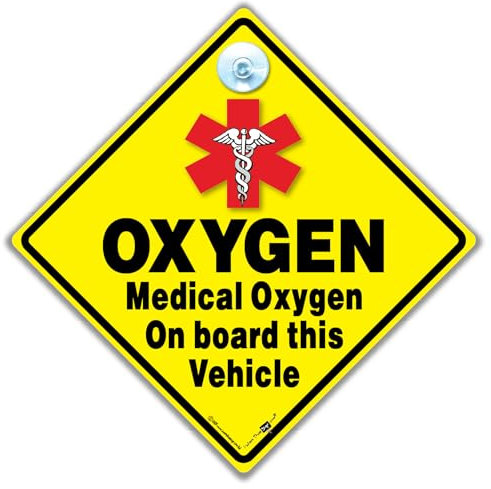 Medical Oxygen On Board Vehicle Warning Sign, 14 cm x 14 cm, Yellow Diamond with Suction Cup