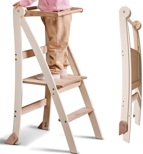 Holz Lernleiter Montessori platzsparend: Klappbare Lernleiter, Hocker für Kinder, Faltbare Kindertreppe, Lernleiter mit Kippschutz