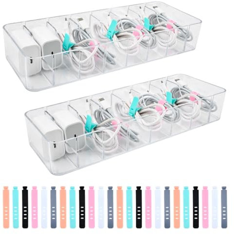 DODUOS 2 Pack Cable Management Box with Lid, Clear Cable Storage Box, 8 Compartments Data Cable Organiser with 24 Wire Ties for Electrical Cables Organizer in Home Office