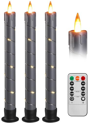 LED Stick Kerze mit Timer-Funktion, blinkende Flamme led Echtwachskerze mit Fernbedienung, Märchenleuchte Kerze LED 3 Stück (2 x 25CM) für Weihnachtsdekoration, Raumdekoration, Hochzeit & Party (grau)