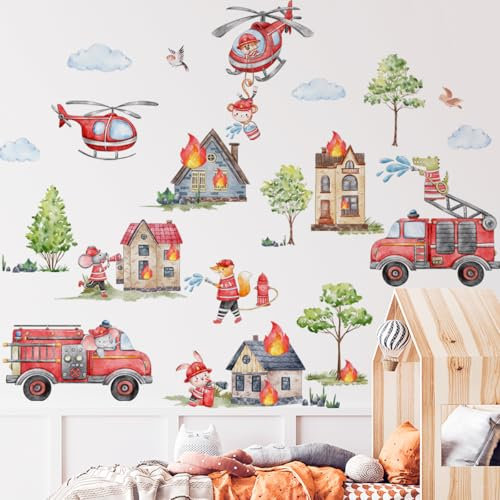 WandSticker4U®- Wandtattoo FEUERWEHR Kinderzimmer XXL (103x98 cm) I Wandsticker Feuerwehr Kinder mit süßen Tieren Wald Brand Fahrzeuge I Wandaufkleber Babyzimmer Kinderzimmer Deko Junge GROß