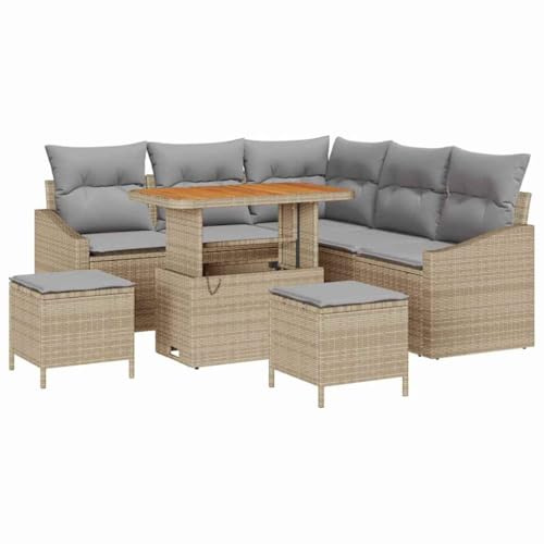 vidaXL Garten-Sofa-Set mit Kissen 8 pcs Beige Poly Rattan, Modulares Outdoor-Sofa-Set, rechteckige Gartenlounge, strapazierfähige Rattan-Couch, verstellbare Füße