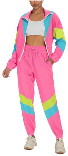 UOUA Frauen Farbe Block 2 Stück 80er 96er Outfits Langärmel Windbreaker Jacke Trainingsanzug Set Hellrosa M