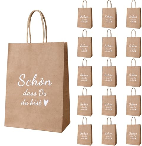 15 Stück Dankeschön Geschenke „Schön Dass Du Da Bist“ Papiertüten, Kraftpapier Geschenktüten 15x8x21cm/5.9x3.15x8.27inch, Mitgebsel Tüten für Gastgeschenke Hochzeit, Party, Geburtstag