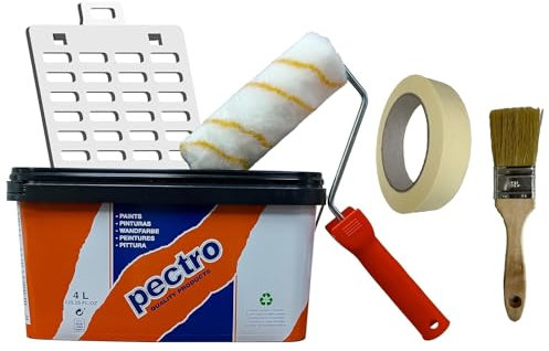 PECTRO Peinture blanche anti humidité 6.6kg (4L) – Kit avec rouleau, pinceau, grille et ruban - peinture mate respirante intérieurs murs et plafonds, cuisine, salle de bains, sous-sol