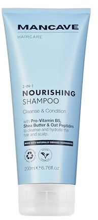 ManCave Nourishing 2-in-1 Shampoo 200ml for Men, Mens Shampoo | Argan oil, oat peptides, panthenol, shea butter, fights dandruff, strengthens and hydrates hair