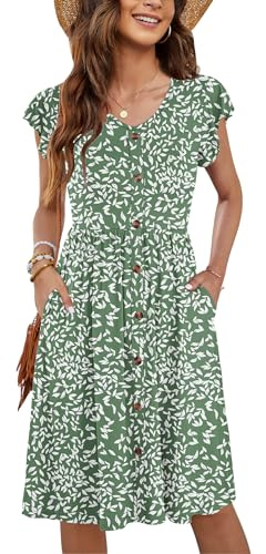 MOLERANI Damen Sommerkleider Rüschen Ärmel V-Ausschnitt Casual Swing Elastische Taille Midi Kleid mit Taschen S-2XL