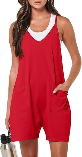 YGJIEGENG Jumpsuits for Women UK Summer Rompers Shorts Summer Playsuit | Casual V Neck Sleeveless Spaghetti Strap Jumpsuit Overalls Wide Leg Romper Dungarees with Pockets Outfits for Going Out,S-XXL