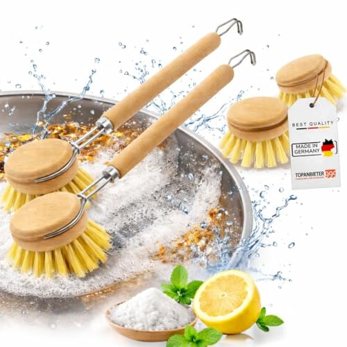 Spazzola per stoviglie in legno con testa intercambiabile, set di 4, 2 teste di ricambio con setole naturali, spazzola per stoviglie sostenibile e per lavare, spazzola da cucina in legno, prodotta in