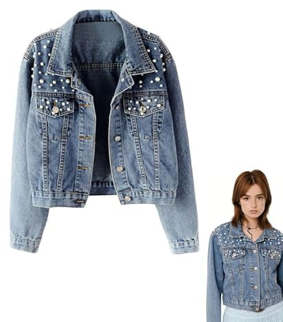 Jeansjacke Damen Kurz - Übergangsjacke mit Perlen und Strass, Langarm Denim Taschen Knöpfen, Lässige Vintage Jacke für Frühling, Sommer, Casual Streetwear Outwear Used-Look Effekt Revers Kragen
