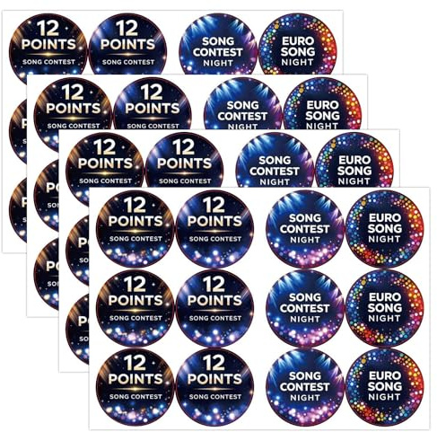 Eurovision Song Contest 2026 Aufkleber Pack – 4 runde12 Points & Song Contest Nightt Eurovision Sticker für Party-Deko, Restaurant, Club, Scrapbooking, Geschenkverpackung, Fan-Sammlung