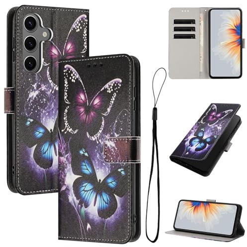 Wigento Klapphülle für Samsung Galaxy S26 Plus 5G, Kunstleder, Kartenfach, Standfunktion, Schmetterlinge Motiv, stoßfest, Handyhülle (Schwarz)