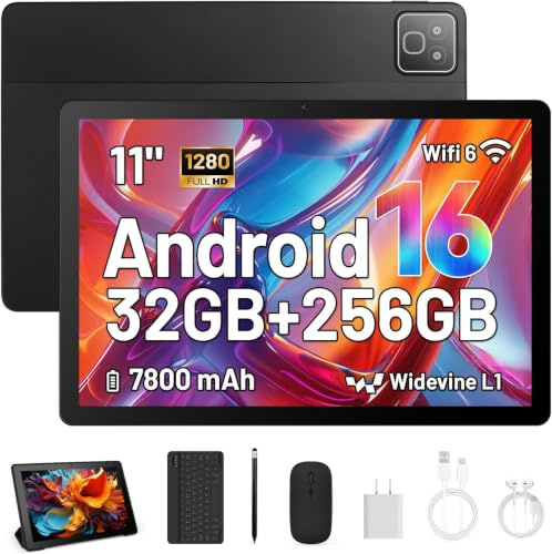 TT.KIDS Tablet 11 inch Tablets Android 16, 32GB RAM 256GB ROM (1TB TF Expand), 7800mAh, 5MP+8MP Camera, 5G WiFi 6, Bluetooth5.4, Android Tablet with Keyboard, Stylus, Mouse, Earphone, Case Black