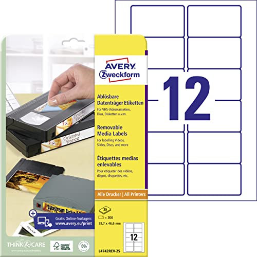 AVERY Zweckform L4742REV-25 Aufkleber für VHS-Videokassetten (300 Etiketten, 78,7x46,6mm auf A4, bedruckbar, selbstklebend, wiederablösbar, für Vorderseite von VHS-Kassetten) 25 Blatt, weiß