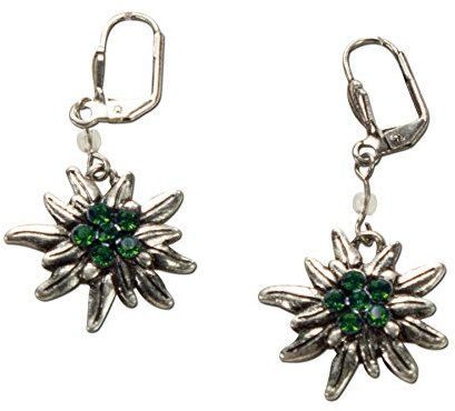 Alpenflüstern Trachten-Ohrhänger Strass-Edelweiß - Damen-Trachtenschmuck, Trachten-Ohrringe antik-silber-farben mit Strass-Steinen (grün) DOR008