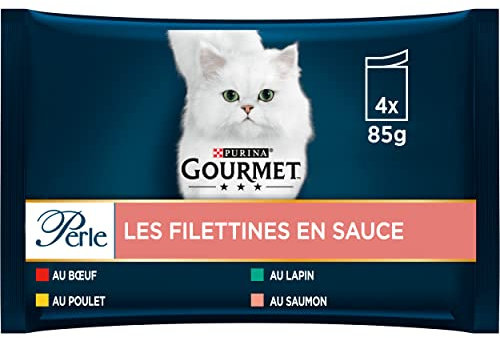 GOURMET | PERLE | Les Filettines en Sauce | Aliment Complet pour Chat Adulte| Bœuf, Poulet, Lapin, Saumon | Sachets Fraîcheur | Lot de 12 (4 x 85g)