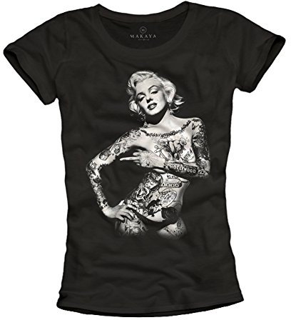 MAKAYA Marilyn Tattoo T-Shirt für Frauen - schwarz Größe M