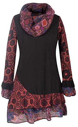 Vishes - Alternative Bekleidung - Damen Langarm Mandala Rüschen-Kleid mit Kapuzenschal schwarz 40-42