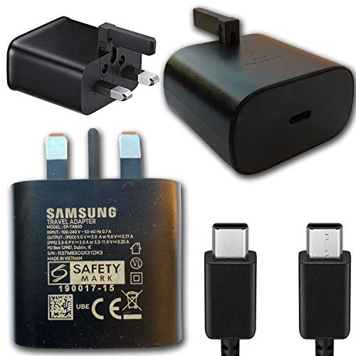 Genuine Samsung Super Fast Charging Adaptive UK Wall Plug & Type C to Type C Data Sync Cable/Lead for Galaxy Note 10,S10,S10+ (Black Charger & Lead)