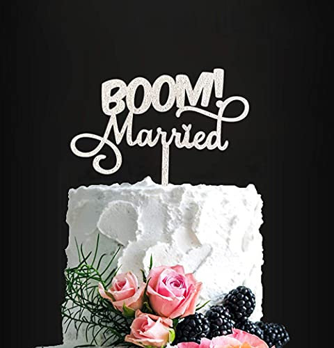 BOOM! Married Wedding Cake Topper, Silver Glitter Funny Cake Topper, Quirky, Nerdy Topper