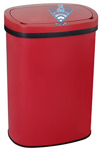 Poubelle automatique en acier inoxydable sans contact avec couvercle pour cuisine, salon, bureau, salle de bain, poubelle électronique sans contact avec détecteur de mouvement, rouge 50 l
