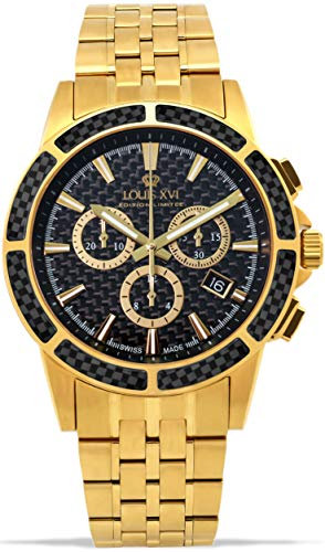 LOUIS XVI Herren-Armbanduhr Majesté Stahlband Gold Schwarz Karbon Chronograph Analog Quarz Edelstahl 1102