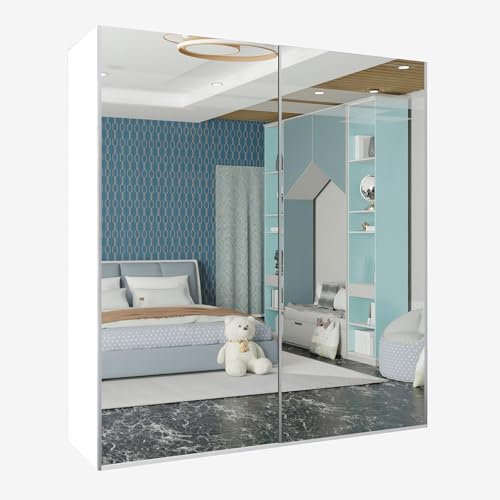 MN Furniture Leiden Double Full Mirror Sliding Doors Wardrobe 150cm 200cm 250cm Bedroom Cabinet White, 200cm