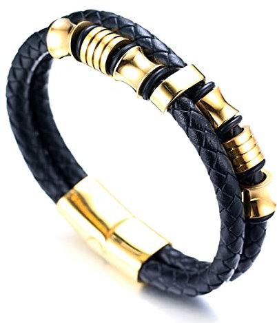 Halukakah ● Ehrengold ● Herren Echtes Lederarmband Titan Ehrengold Perlen Goldener Magnetverschluss 21.5cm mit Gratis Geschenkbox