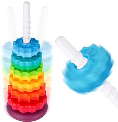 NiToy 41cm Stapelturm mit Drehfunktion, Regenbogen-Stapelringe Spielzeug für Kinder, Zweifarbige drehende Räder, Lernspielzeug aus BPA-freiem ABS-Kunststoff zur frühen Förderung und Gehirnentwicklung